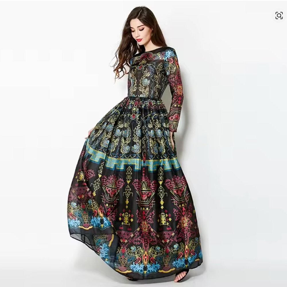 Gorgeous 70s Style Colorful Sheer A-Line Gown Victorian Style Fits XS